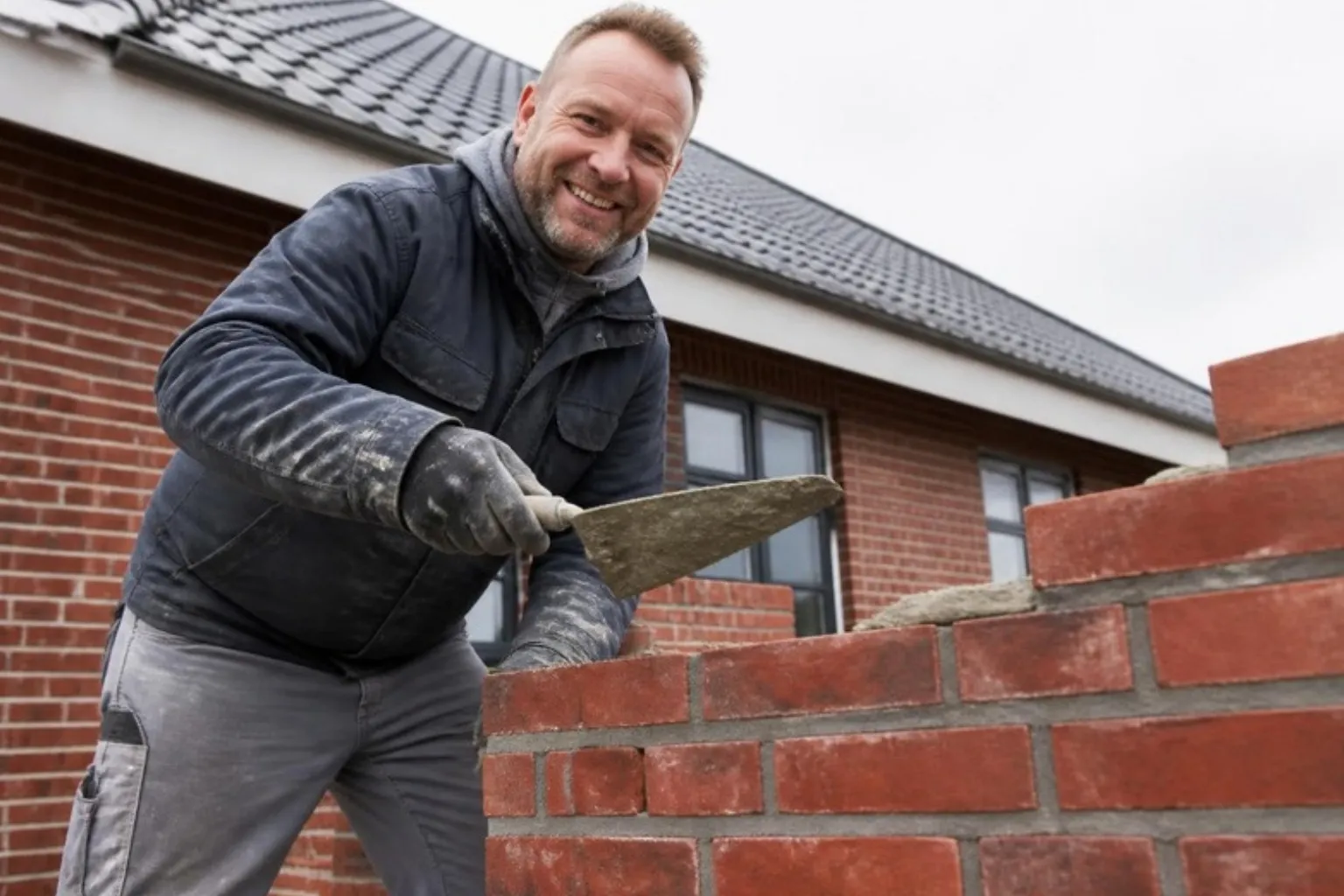 Smilende murer i arbejdsjakke og handsker lægger røde mursten med murske foran et rødt murstenshus