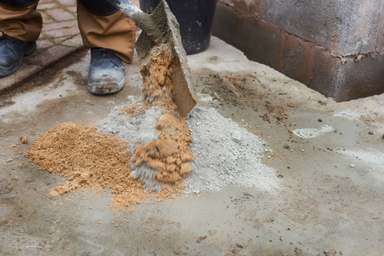 Håndværker blander sand og cement med skovl på et betongulv