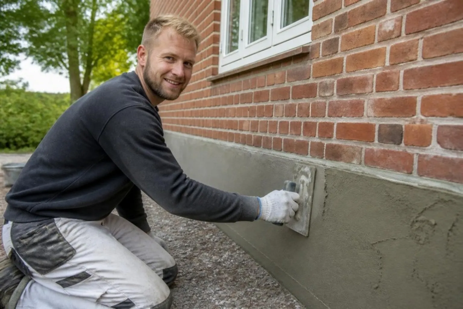 Smilende murer på knæ pudser soklen under et rødt murstenshus med et pudsebræt
